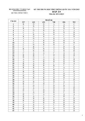 Kỳ thi trung học phổ thông quốc gia năm 2015 đáp án môn thi Hoá Học
